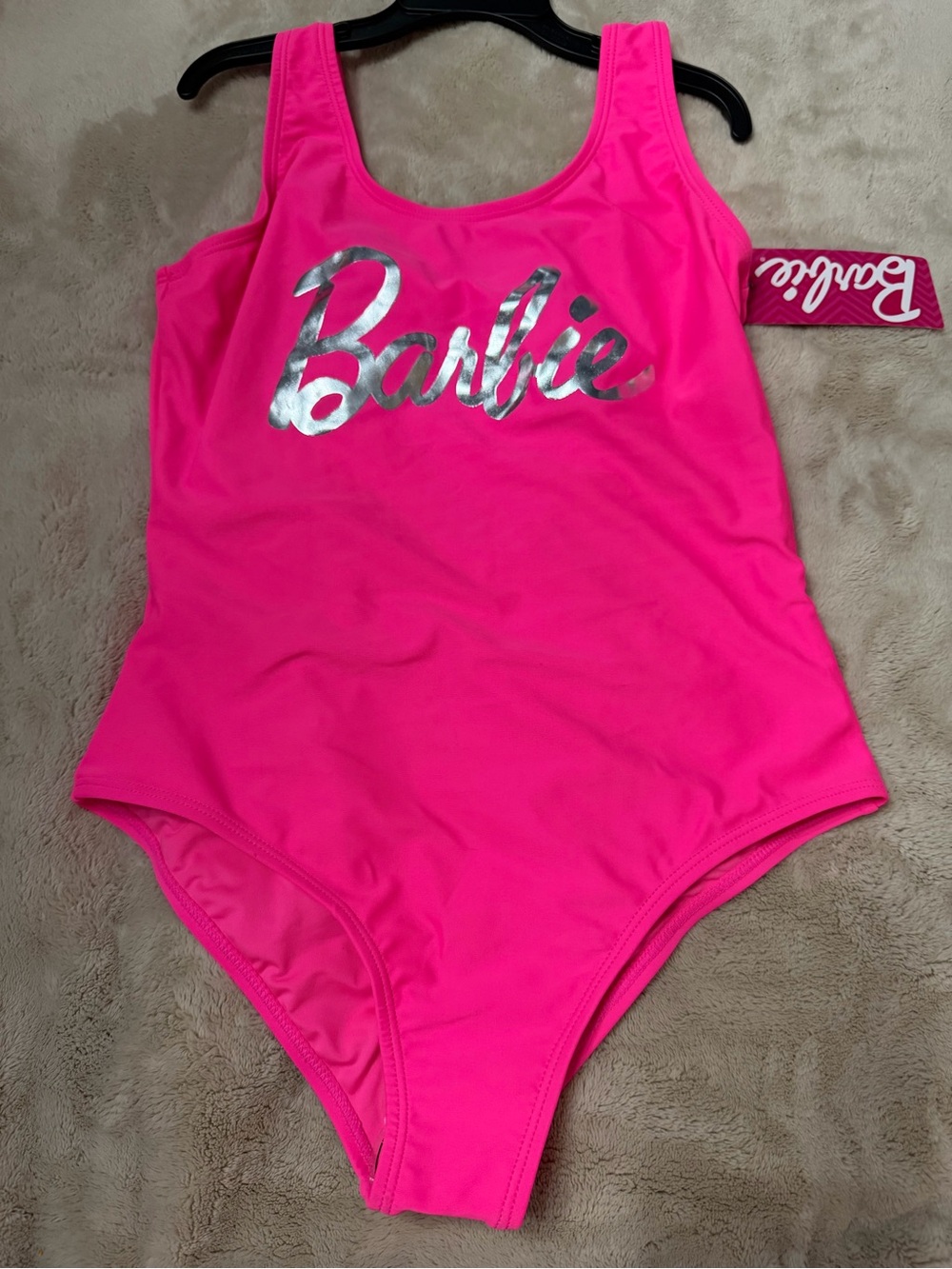 Barbie Hot Pink One-Piece Swimsuit with Silver Script Logo Sz 10/12